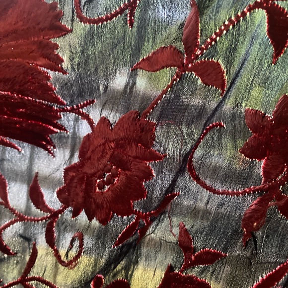 Vintage Silk Piano Shawl - Black Long Fringe Shawl with Red Floral Embroidery - Picture 5 of 10